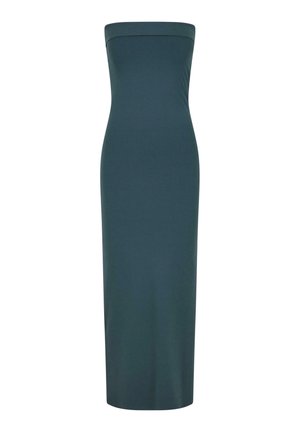 Robe longue sans bretelles et ajustée en vert sarcelle, fabriquée à partir d'un matériau lisse et extensible, avec un décolleté droit et un ourlet à mi-mollet.