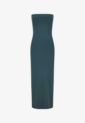 Strapless, aansluitende lange jurk in donker teal, gemaakt van gladde, rekbare stof met een rechte halslijn en een zoom die halverwege de kuit valt.