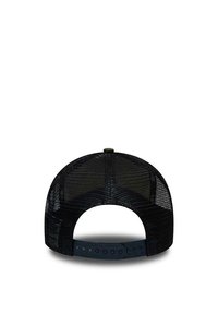Black baseball cap with a snapback closure. Mesh back with solid fabric front. Rounded shape, minimal design, smooth texture.