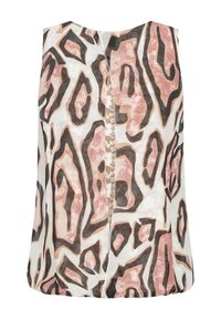 Bezrekawnik z pastelowym różowym i brązowym abstrakcyjnym nadrukiem lamparta na białym tle, z delikatnym panelem koronkowym z tyłu.