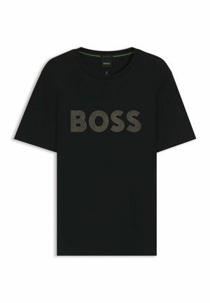 Zwarte katoenen t-shirt met een gestructureerd, vet "BOSS" logo in lichte kleur over de borst. Ronde halslijn en korte mouwen.