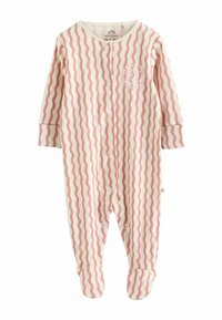 Csíkozott babaruha krém és rózsaszín színben, hullámos mintával. Teljes hosszúságú ujjakkal, lábfejre tervezve, elöl patentgombokkal.