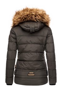 Green puffer jacket with a removable brown faux fur hood, quilted texture, side adjusters, and branded patches on the back.