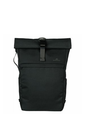 Sac à dos noir à rabat enroulable avec poche avant zippée et sangle centrale à boucle, avec un petit logo "Doughnut" en haut à droite.