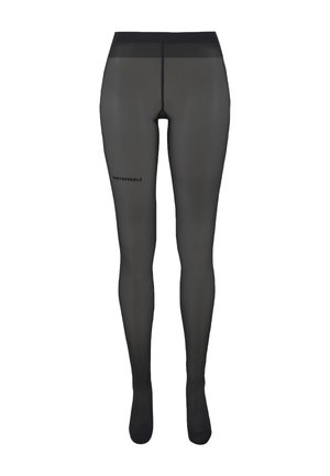 Uigennemsigtige sorte leggings med bred linning og ordet "UNSTOPPABLE" trykt på venstre lår.