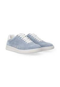 Light blue suede sneakers with white laces, featuring a smooth design and white rubber sole. Accented with a white back heel tab.