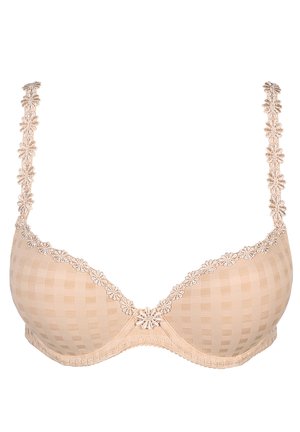 Beige padded bra with checkered texture, floral lace trim on straps and neckline, underwire support, and adjustable straps.