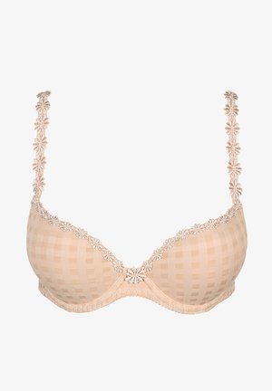 Beige gevoerde bh met geruite textuur, bloemenkantafwerking op de bandjes en halslijn, onderzijde ondersteuning, en verstelbare bandjes.