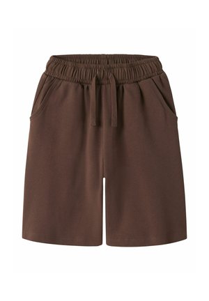 Shorts marron décontractés jusqu'au genou avec taille élastique et cordon, poches avant et ourlet droit.