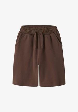 Bruine casual shorts tot op de knie met elastische tailleband en trekkoord, voorzakken en rechte zoom.
