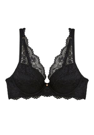 Soutien-gorge en dentelle noire avec motifs floraux, bords festonnés, bonnets à armatures et larges bretelles en dentelle.