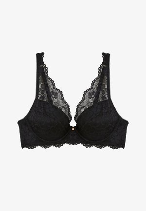 Soutien-gorge en dentelle noire avec motifs floraux, bords festonnés, bonnets à armatures et larges bretelles en dentelle.