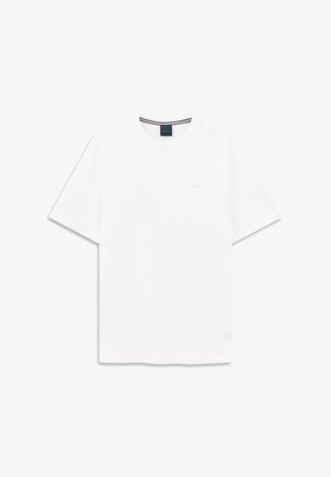 T-shirt bianco a maniche corte con colletto rotondo, caratterizzato da un piccolo logo "bugatti" sul petto e un dettaglio a righe a contrasto all'interno del colletto.