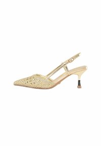 Kultahuopaiset slingback-kengät, joissa on terävä kärki, kudottu pinta ja hoikka korko. Varustettu solkipannalla ja kiiltävällä pinnalla.