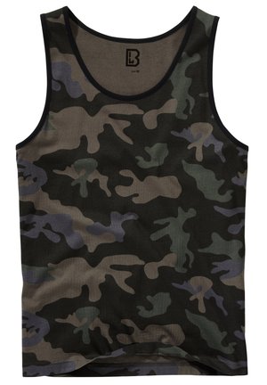 Tricou tip tank top camuflat în nuanțe de verde, gri și negru; fabricat din material texturat cu decolteu rotund și marginile negre. Mărimea M.