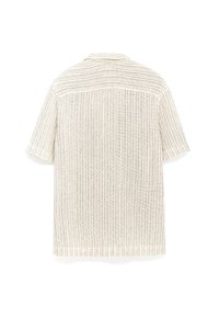 Korte mouwen, met kraag, shirt van textuur, lichtgewicht stof. Heeft verticale strepen in off-white en beige kleuren.