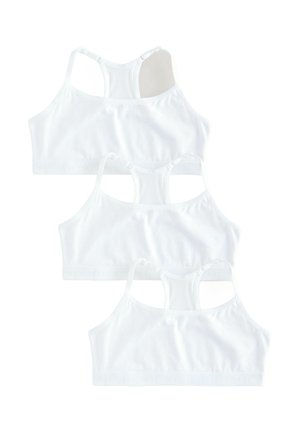 Kolm valget spordirinnahoidjat racerback-disainiga, valmistatud siledast tekstiilist, reguleeritavate rihmade ja pehme elastse ribaga.