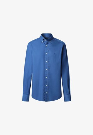 Niebieska koszula z długim rękawem wykonana z bawełny, posiadająca kołnierzyk zapinany na guziki, guziki z przodu oraz małe logo na piersi.
