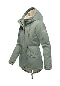 Mint green waterproof jacket with a faux fur lining, adjustable hood, drawstring waist, and multiple pockets. Notable bronze hardware accents.