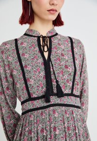 Robe florale verte avec des roses roses, dotée d'une bordure noire, de cordons à pampilles et d'un décolleté en V. Manches longues avec détails froncés.