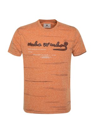 Kortærmet orange t-shirt lavet af tekstureret stof, med et grafisk print med sort tekst. Casual rund hals og afslappet pasform.