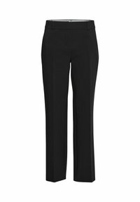 Czarne spodnie o dopasowanym kroju, z gładką fakturą, prostymi nogawkami, szlufkami na pasek i zapięciem na zamek z przodu.