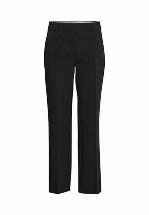 Sorte bukser med en skræddersyet pasform, der har en glat tekstur, lige ben, bæltesløjfer og en lynlås foran.