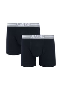 Black cotton boxer briefs with a grey elastic waistband featuring the text "ALAN RED." Smooth texture and fitted design. Two-pack set.