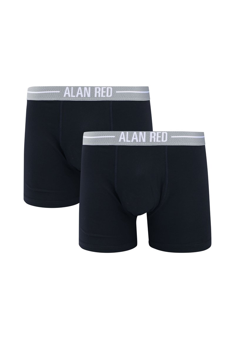 Black cotton boxer briefs with a grey elastic waistband featuring the text "ALAN RED." Smooth texture and fitted design. Two-pack set.