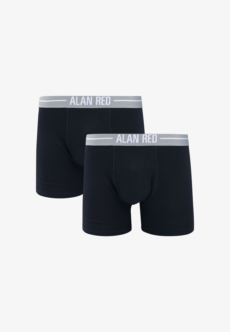 Black cotton boxer briefs with a grey elastic waistband featuring the text "ALAN RED." Smooth texture and fitted design. Two-pack set.
