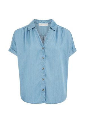Lichtblauw denim overhemd met korte mouwen, knopen aan de voorkant, opgerolde manchetten en een kraag, getoond tegen een witte achtergrond.