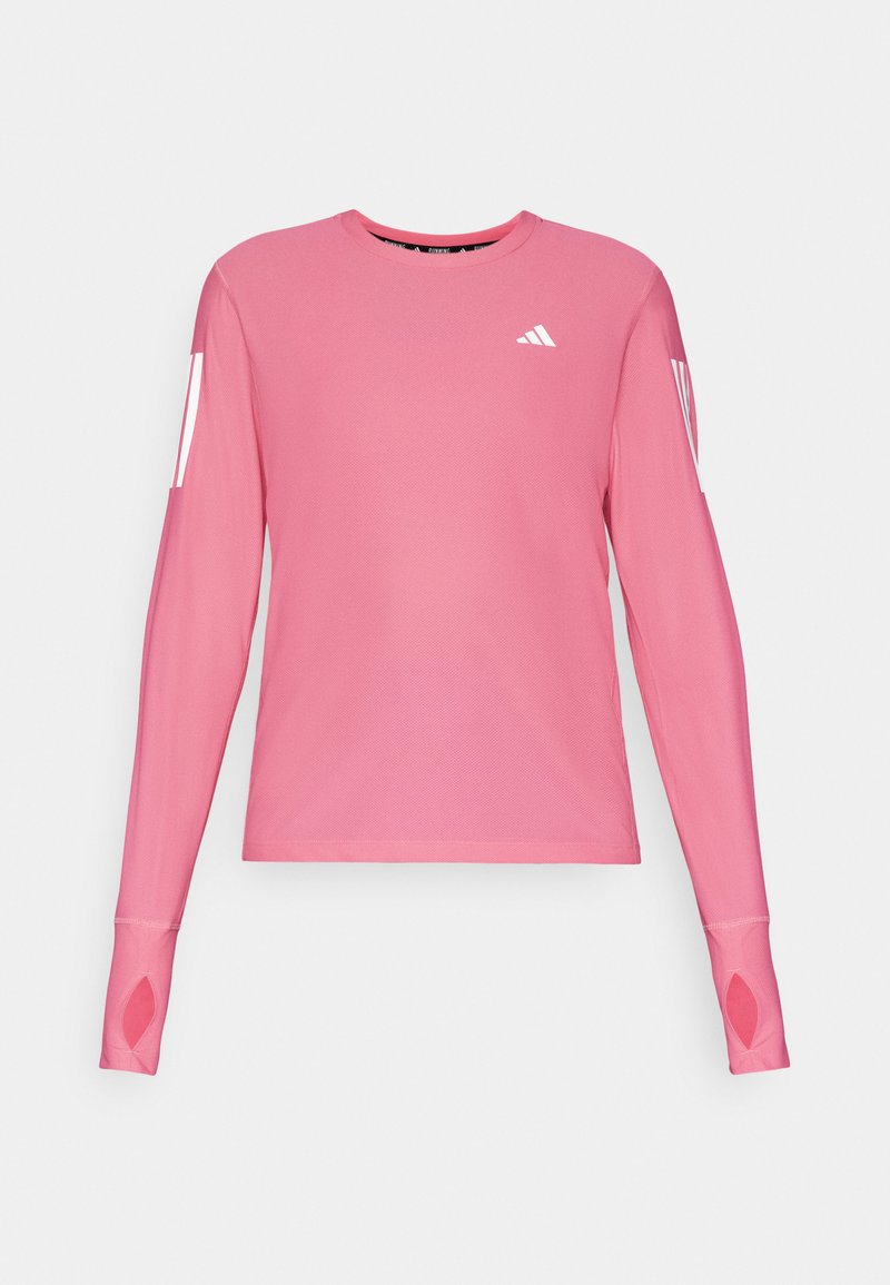 Rosa langärmliges Sporthemd mit Rundhalsausschnitt und Daumenlöchern in den Bündchen. Verfügt über weiße Branding-Akzente an den Ärmeln.