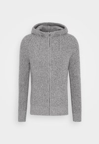Grå stickad zip-up hoodie med ett texturerat mönster, ribbade ärmslut och fåll. Har en huva och en fullständig framside-zip.