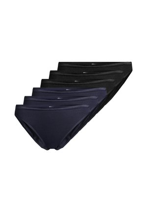 Cinque paia di slip da donna in cotone, di colore nero e blu navy, disposti su due righe su sfondo bianco.