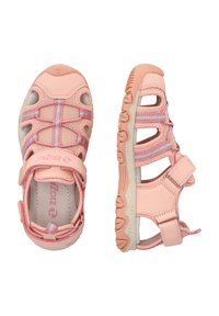 Pink open-toe sandals with mesh panels and pink accents. Features adjustable straps and textured rubber sole for grip.