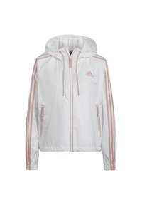 Veste à capuche blanche Adidas avec des rayures roses sur les manches, une fermeture éclair frontale, des cordons, des poches zippées et un logo sur la poitrine.