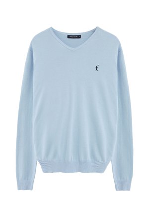 Lyseblå V-hals sweater med lange ærmer, ribbede manchetter og kant samt lille sort polo spiller logo på venstre bryst.
