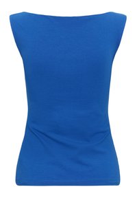 Haut bleu sans manches ajusté avec un large col bateau et une légère texture de tissu, présenté de face sur fond blanc.