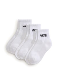 Hvide ankelstrømper i en pakke med tre, lavet af bomuld, med ribbede manchetter og et sort "VANS" logo på hver strømpe.
