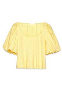 Kurze Ärmel, gelbes Oberteil aus weichem Stoff. Verfügt über einen quadratischen Ausschnitt, ein plissiertes Design und gepuffte Ärmel für einen strukturierten Look.