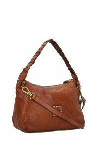 Borsa a tracolla in pelle marrone con manico intrecciato, finiture in oro, chiusura con zip e dettaglio di borchie sulla parte anteriore. Texture liscia.