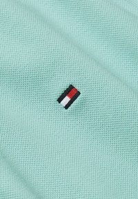 Mintgrønn teksturert stoff med en liten brodert logo med røde, hvite og svarte striper på venstre side.
