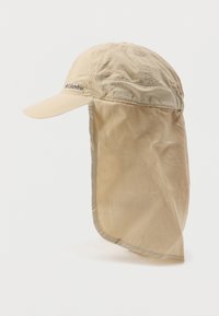 Μπεζ καπέλο ηλίου με φαρδύ γείσο και πίσω προστατευτικό για τον αυχένα για προστασία από τον ήλιο. Κατασκευασμένο από ελαφρύ ύφασμα, με λογότυπο που εμφανίζεται στο μπροστινό μέρος.