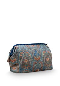 Cosmetic bag in floral blue and orange pattern, soft fabric with a structured shape, zip closure, and striped interior lining.