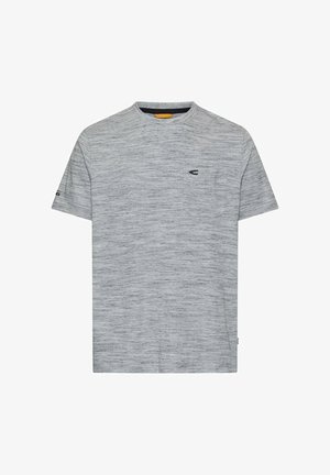 Hellgraues T-Shirt mit kurzen Ärmeln und Rundhalsausschnitt, feinen horizontalen Streifen, kleiner Brusttasche sowie dezentem Logo auf der linken Brust und dem Ärmel.