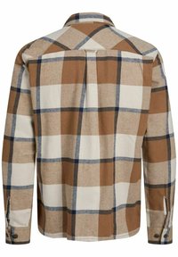 Bruin en roomkleurige ruitjesoverhemd met blauwe accenten, lange mouwen, knoopmanchetten en een detail op de rug; gemaakt van een zachte, gestructureerde stof.