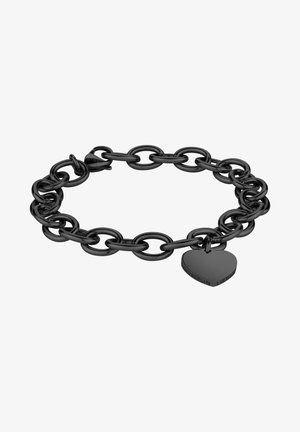 Zwarte metalen armband met onderling verbonden ovale schakels en een gladde hartvormige charm. De charm is gegraveerd met "BERLIN LIEBES."