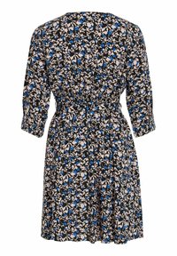 Robe noire à motif floral blanc et bleu, manches trois-quarts, taille élastique et ourlet longueur genou vue de dos.