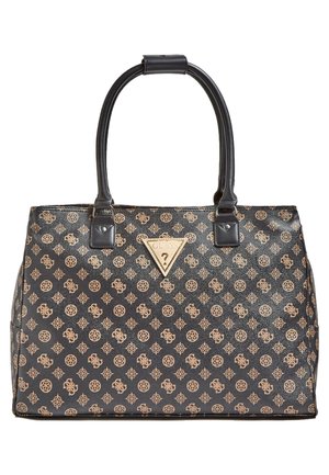 Sac à main noir et marron à motifs avec deux poignées noires et un logo triangulaire avec un point d'interrogation au centre devant.