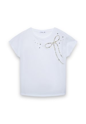 T-shirt bianca a maniche corte con un fiocco decorativo in perline e paillettes sul davanti, con una texture morbida e liscia.